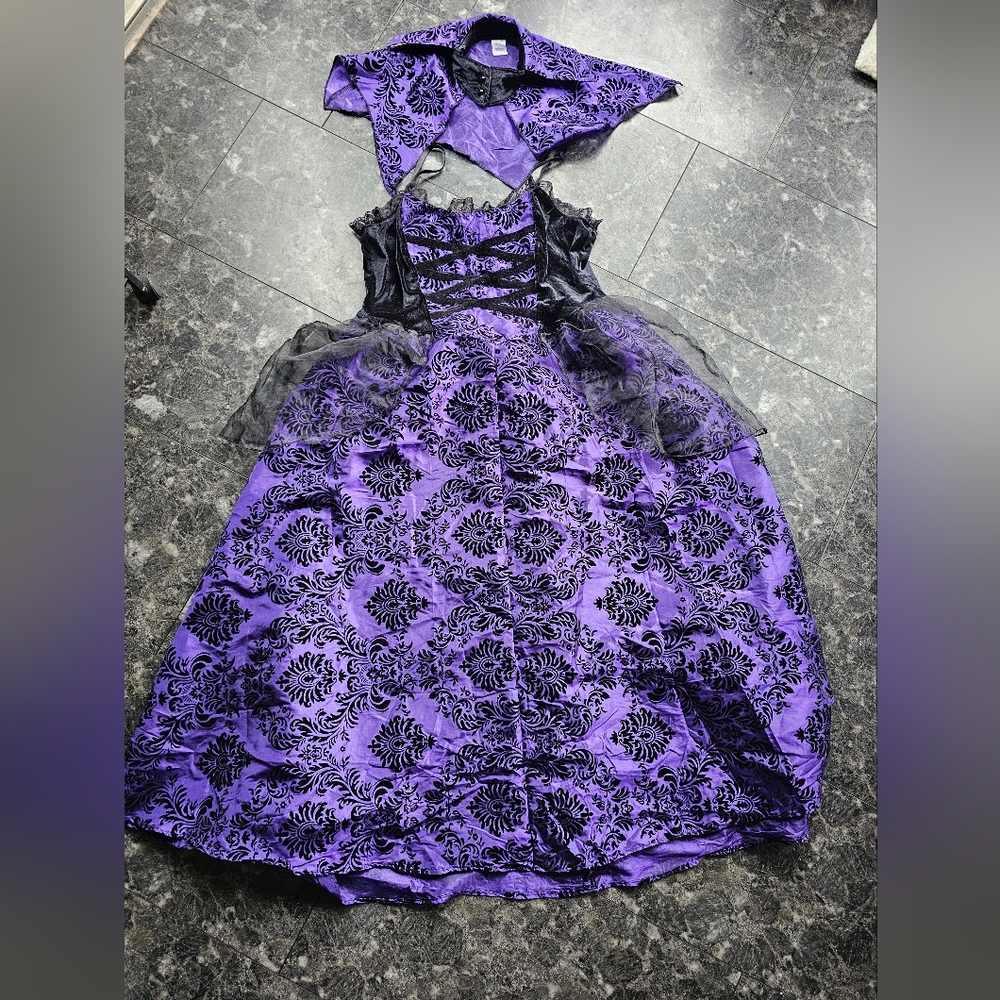 Pyramid Collection Gothic Purple Black Damask Dress Steam Punk Sz L Corset Lace